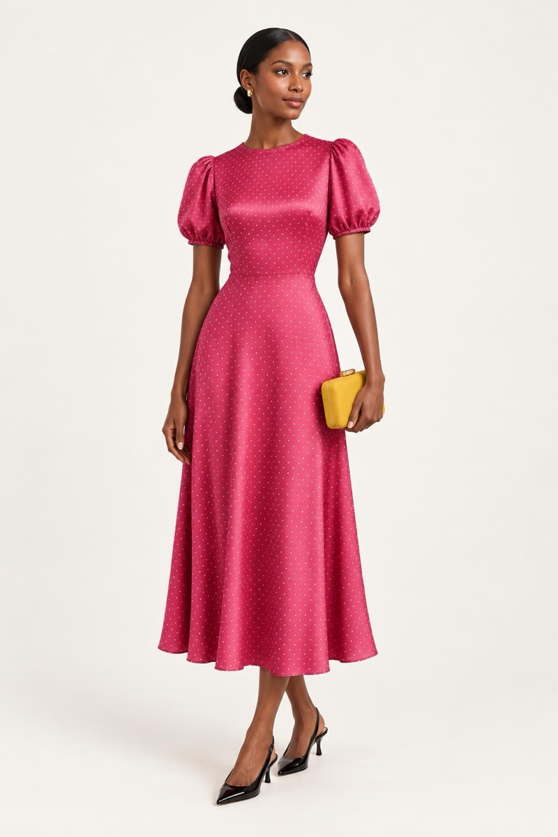 Night out look: raspberry silk midi dress, black slingback heels, yellow box clutch