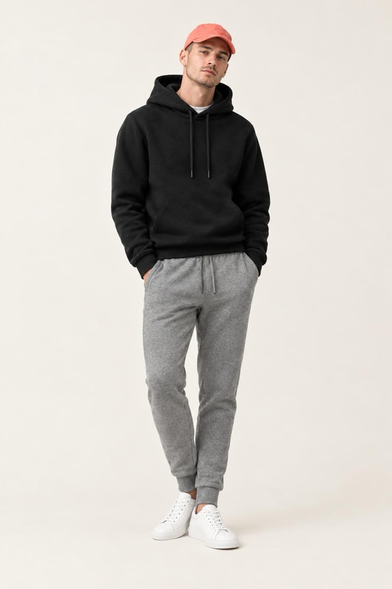 Street look: black heavyweight hoodie, grey tapered joggers, white leather trainers