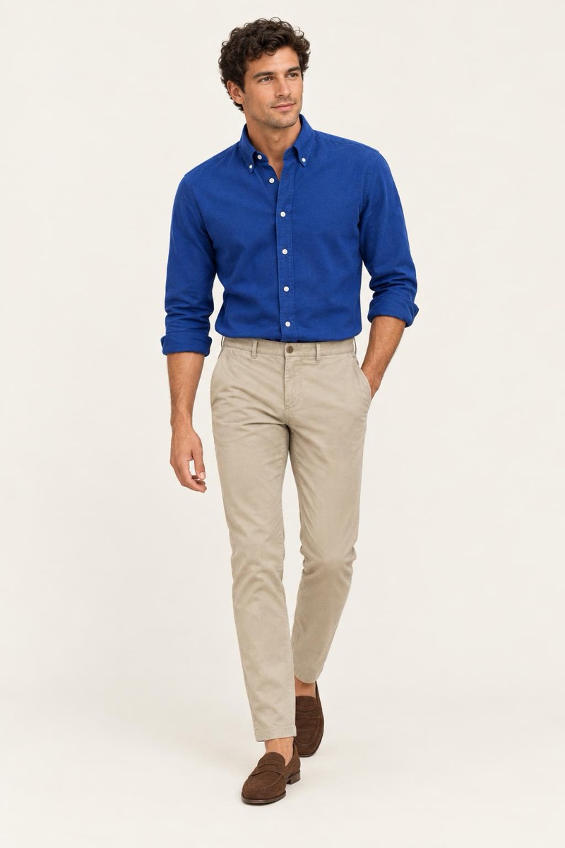 Weekend look: cobalt oxford shirt, stone slim chinos, brown suede loafers